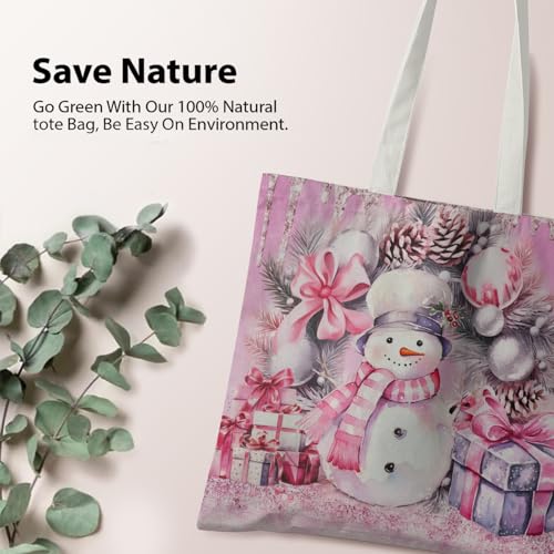Veqzc Pink Snowman Christmas Canvas Tote Bag for Women