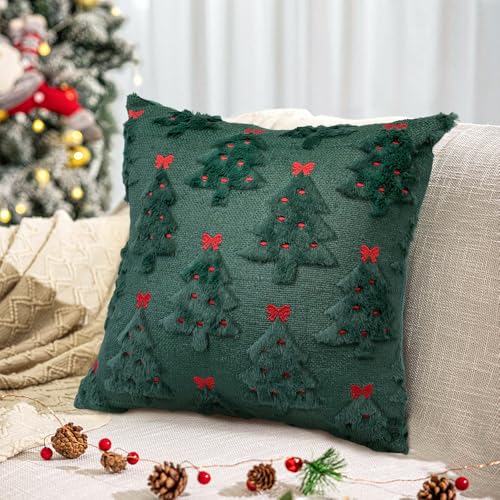Christmas Pillow Covers 18x18 inch Set of 2 Christmas Decorations Red Bows Xmas Tree Throw Pillow Cases Soft Plush Faux Fur Wool Pillow Covers Winter Holiday Decor for Sofa Living Room