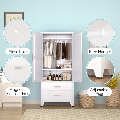 71-Inch Metal Wardrobe Closet with Hanging Rod, Adjustable Shelves and Drawers