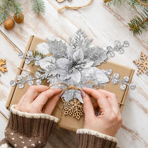Sggvecsy Silver Christmas Glitter Poinsettia Flowers & Berry Picks, Artificial Holiday Decoration Set