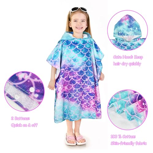 Catalonia Kids Mermaid Hooded Towel Poncho – 100% Cotton Swim Robe for Girls 2-6