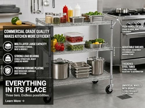 3-Tier Heavy Duty Rolling Utility Cart, NSF-Certified Steel Storage Shelving