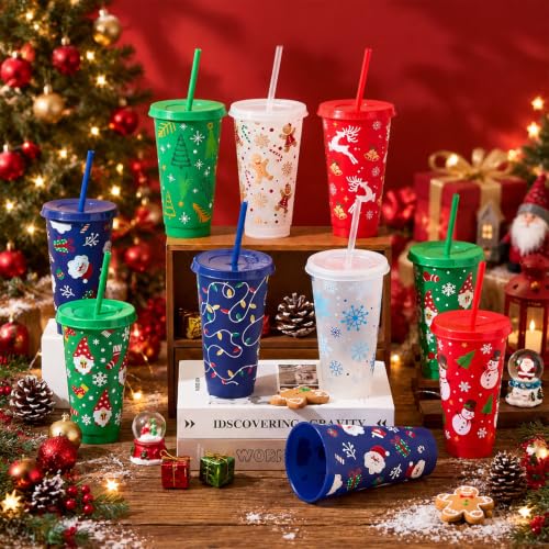 Chuangdi 48Pcs Christmas Cups with Lids & Straws - 24oz, White/Red/Green/Blue, Includes Santa, Snowflake, Gingerbread Designs
