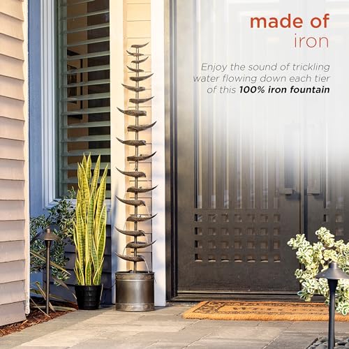 Indoor Outdoor Metal Tiered Leaves Water Fountain - 70 Inch Silver Water Feature, Water Fountain