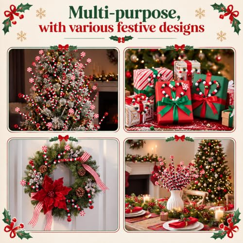 Flocked Christmas Candy Cane Tree Picks - 40 Pcs Red Green White Holiday Ornaments