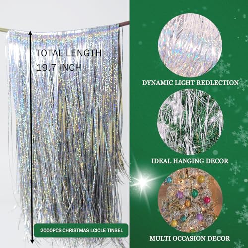 Humyeam 2000-Strand Iridescent Tinsel Icicles - 19.8in, Silver for Christmas Tree, Party & Wedding Decorations (Iridescence)