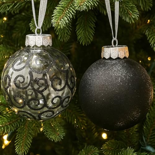 Sleetly Shimmer Swirl Black 4.72in Ornament Set — 8 Large Christmas Balls & Snowflakes