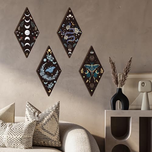 4-Piece Wooden Moon Phase Wall Art Set, Gothic Boho Hanging Decor