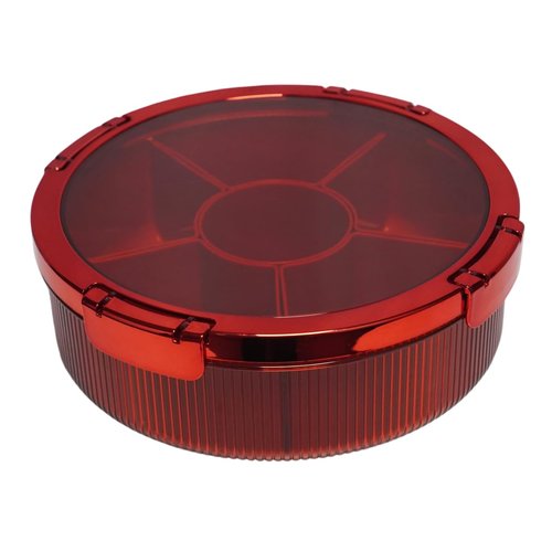 HOUSIO Snackle Box Container, Round Divided Serving Tray with lid 6parts (Red) for Veggie, Candy and Nuts Organizer, Snackle Charcuterie Boxes for Travel, Party and Picnic