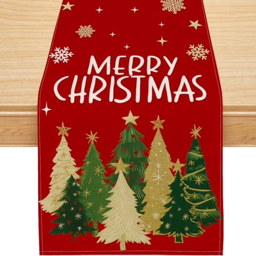 Siilues Christmas Table Runner 13x36 in - Trees, Snowflakes & Merry Christmas, Holiday Decor