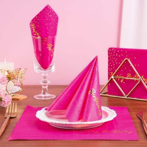 Wrapaholic 25-Pack Hot Pink Gold Foil Happy Birthday Cocktail Napkins 5x5 Inches