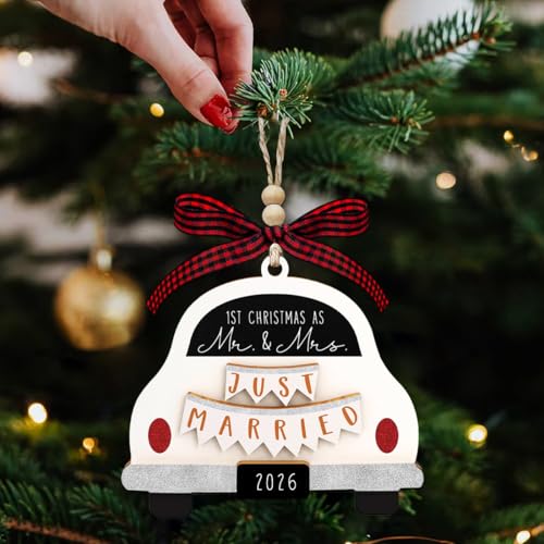 First Christmas Married Ornament 2026, Wood Mr and Mrs Keepsake Wedding Gift