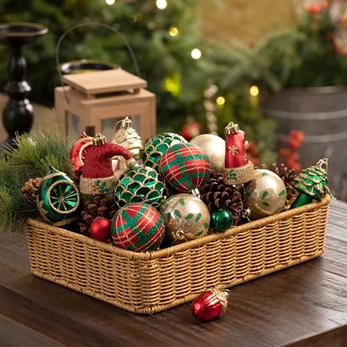 Valery Madelyn 70ct Christmas Tree Ball Ornaments Set - Rustic Red Green Gold, Large Variety