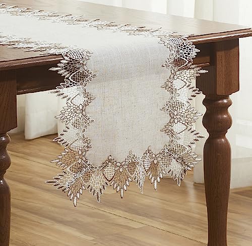 Natural Linen Table Runner 16 x 72 Inches Beige Lace for Dining & Decor
