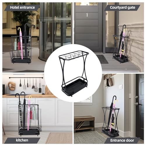15-Slot Heavy Duty Metal Umbrella Stand with 8 Hooks and Drip Tray