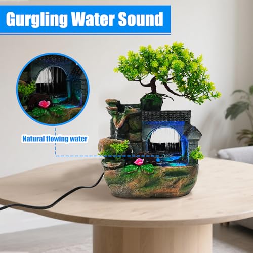 Tabletop Waterfall Fountain with LED Light & Faux Bonsai Tree - 11 Inch