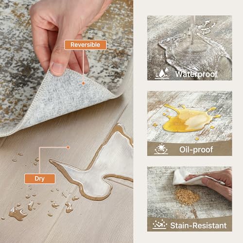 GENIMO Set of 3 Washable Non-Slip Kitchen Rugs Beige Brown 20x32/48/59 in