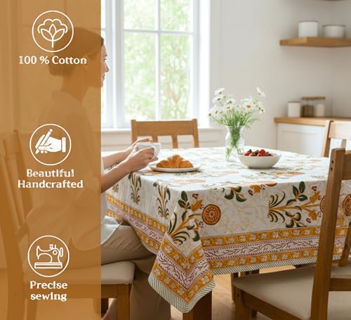 White Orange Squash Floral Hand Block Cotton Fall Tablecloth 90x60 Inches