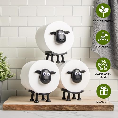 Sheep Toilet Roll Holder Set - Free Standing Cute 3D Printed Black Sheep Bathroom Decor and Tissue Storage