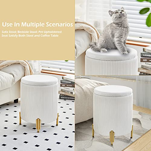 Round Velvet Storage Ottoman with Metal Legs, Cream Padded Footstool