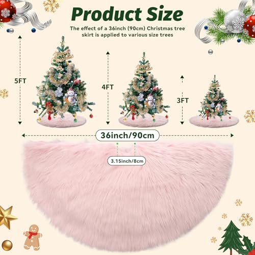 PARTTELY 36 Inch Pink Wool Fur Christmas Tree Skirt Thick Plush Holiday Decor
