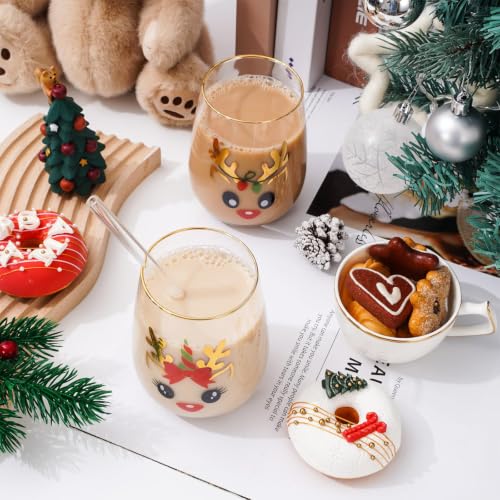 Whaline 4 Pack Christmas Reindeer Stemless Wine Glasses 17oz with Gold Rim for Holiday Parties