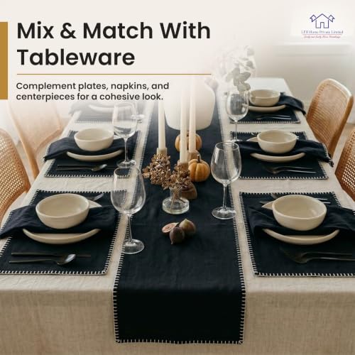 LFH Home Cotton Rich Table Runner 18x72 Black with Blanket Stitch