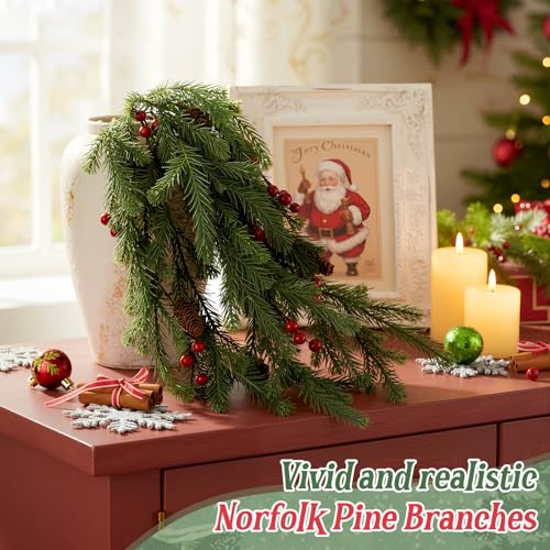 Suncalla 2 Pack 34-Inch Norfolk Artificial Christmas Pine Branches with Berries & Pinecones