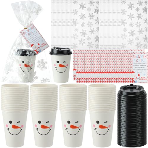 Funnymoom 12oz Christmas Snowman Wink Disposable Soup Cups with Lids & Tags (150 Pack)