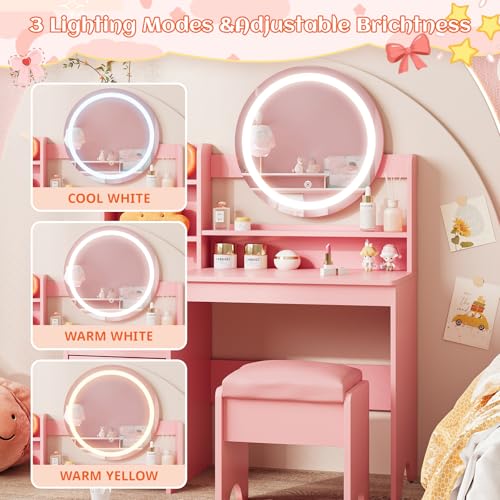 Kids Vanity Table and Chair Set with Lights, Storage Shelves and Mirror