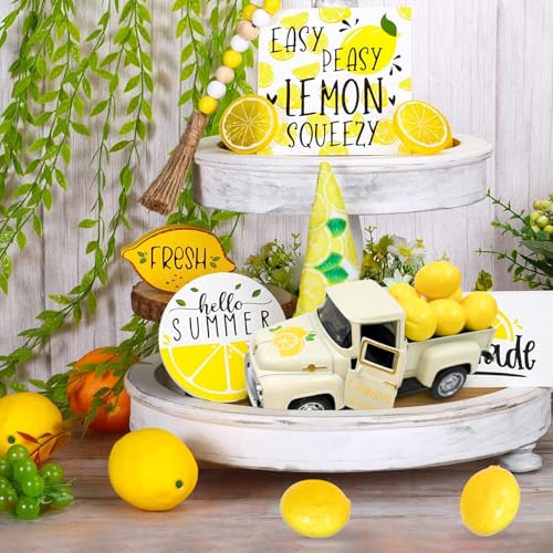 Metal Lemon Truck Decor with Faux Lemons - Farmhouse Tiered Tray Centerpiece
