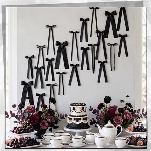 48-Piece Pre-Tied Black Ribbon Bow Decor Set for Wall & Party Backdrop