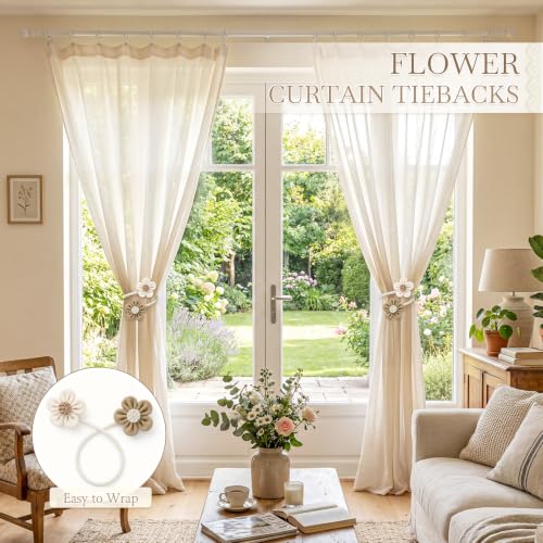 Boho Flower Curtain Tiebacks, Adjustable Linen Cotton Holdbacks - 2 Pack