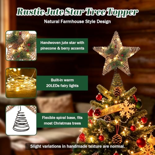 FLAVCHARM Rustic Brown Jute-Wrapped Christmas Tree Topper Star with Red Berries & Pine Cones, 20 LED Warm Lights, Battery Operated, 6H Timer