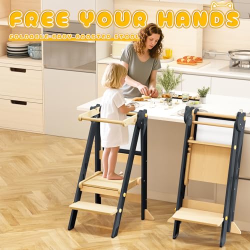 Foldable Toddler Learning Tower with Blackboard and Adjustable Height