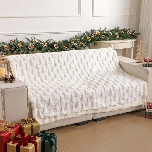 Remagr 3D Christmas Tree Sherpa Throw Blanket 50x60 Inches, Cream White, Xmas Tree Design