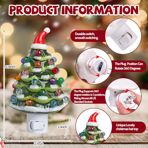 IKSII 2 Pack Ceramic Christmas Tree Night Lights, 6.3" Plug-In, 360° Swivel, Vintage Nostalgic Warm White Light