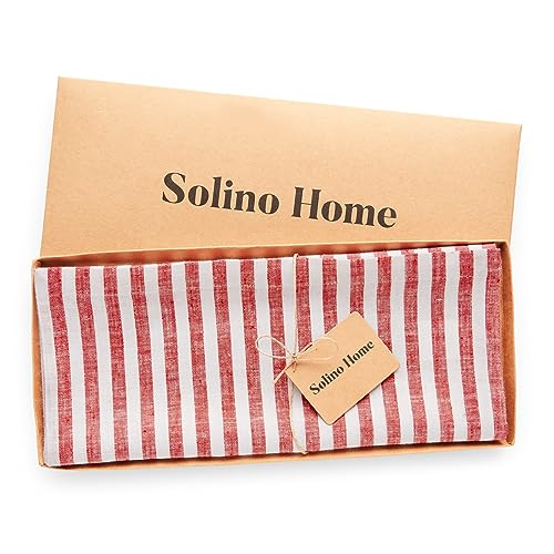 Solino Home 100% Pure European Linen Table Runner Red & White Stripe 14 x 144 in