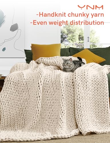 Chunky Knit Weighted Blanket, 10lb Cotton Sensory Throw, Cream White