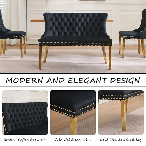 Velvet Upholstered Dining Bench with Back, 46-inch Tufted Loveseat with Gold Legs