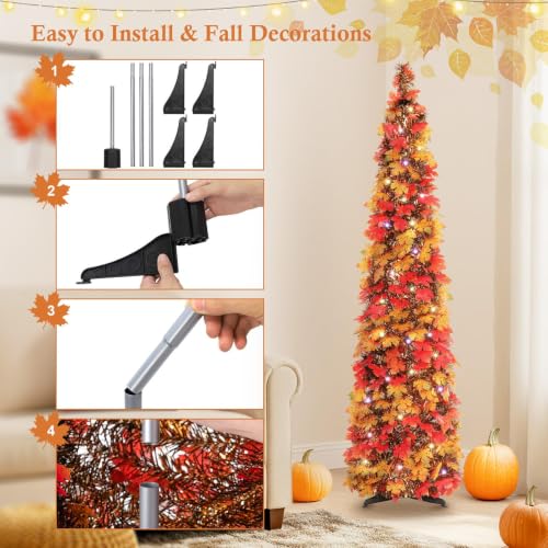 5FT Pre-Lit Fall Pop Up Tinsel Pencil Tree with Timer - Autumn Decor