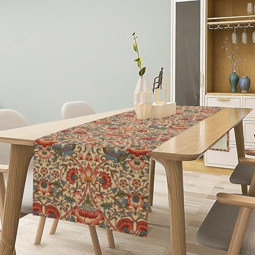 William Morris Floral Table Runner, Retro Abstract Flowers Botanical