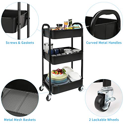 3-Tier Rolling Utility Cart with Wheels, Mesh Metal Storage Trolley, Black