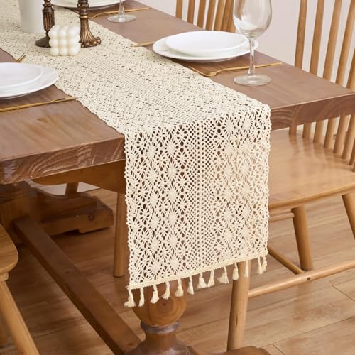 60 Inch Beige Boho Crochet Table Runner - 12"W x 60"L Beige Rhomb, Cotton Lace