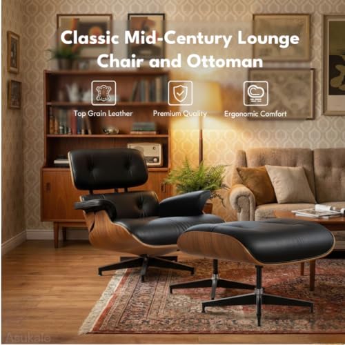 Mid-Century Modern Lounge Chair and Ottoman with Top Grain Leather