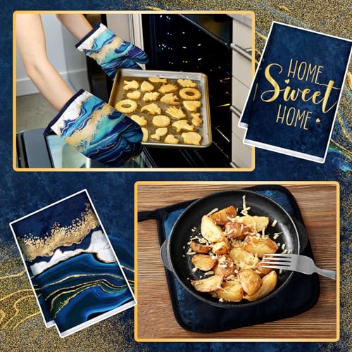 6-Piece Blue Marble Kitchen Set: Oven Mitts, Pot Holders, and Dish Towels