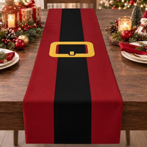 OHOME Christmas Belt Strap Santa Table Runner - Fun Holiday Decor, Red & Black, 73x13.8 inches