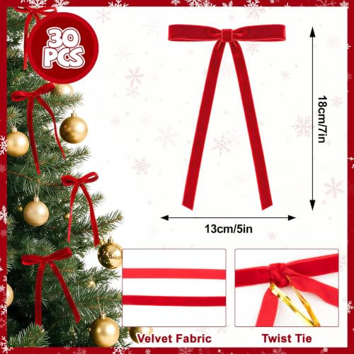 Red Velvet Bows for Christmas Tree 30 Pack 5x7 Inches - Holiday Decor & Gift Wrap - RedWORD