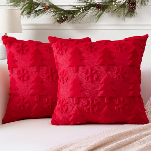OTOSTAR 2-Pack Xmas Plush Wool Velvet Throw Pillow Covers 28x28 in Red Tree & Snowflake