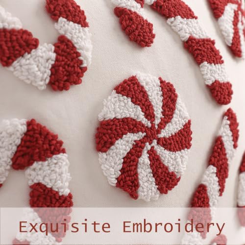 Tosleo Christmas Candy Cane Throw Pillow Covers 18x18in Set of 2, Red Xmas Embroidered Cushions